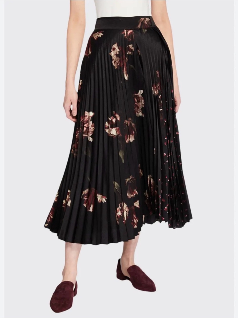 Vince Black Pleated Maxi Skirt with Burgundy Floral